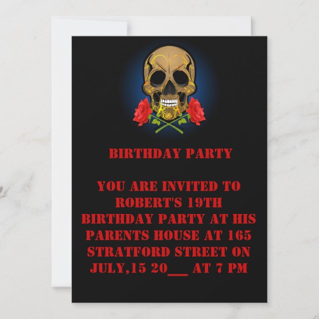 Invitation de crâne et de carte rose du 19e annive (Devant)