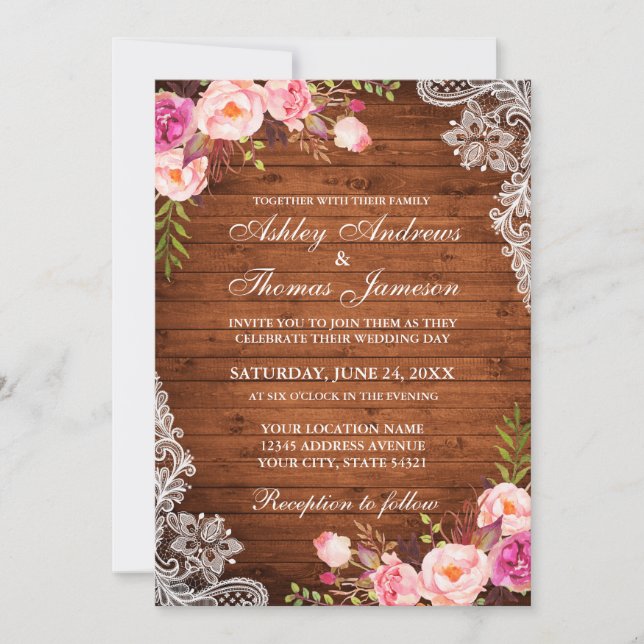 Invitation de dentelle fleurie rose Mariage rustiq (Devant)