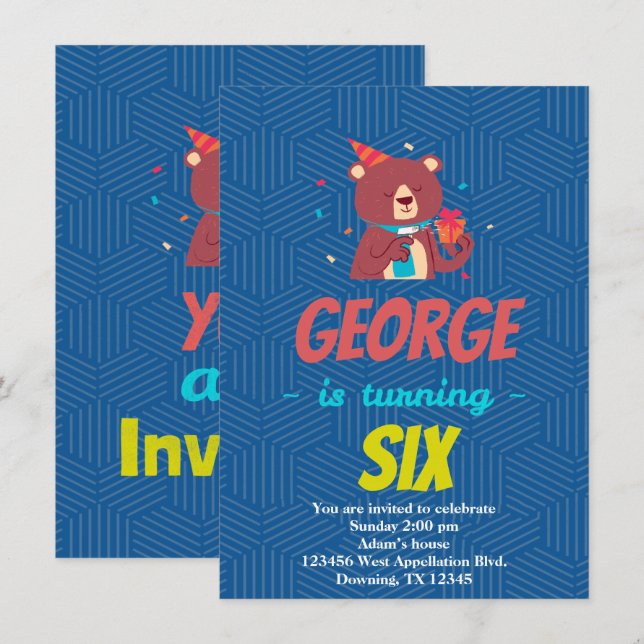 Invitation de dessin animé d'ours enfant personnal (Devant / Derrière)