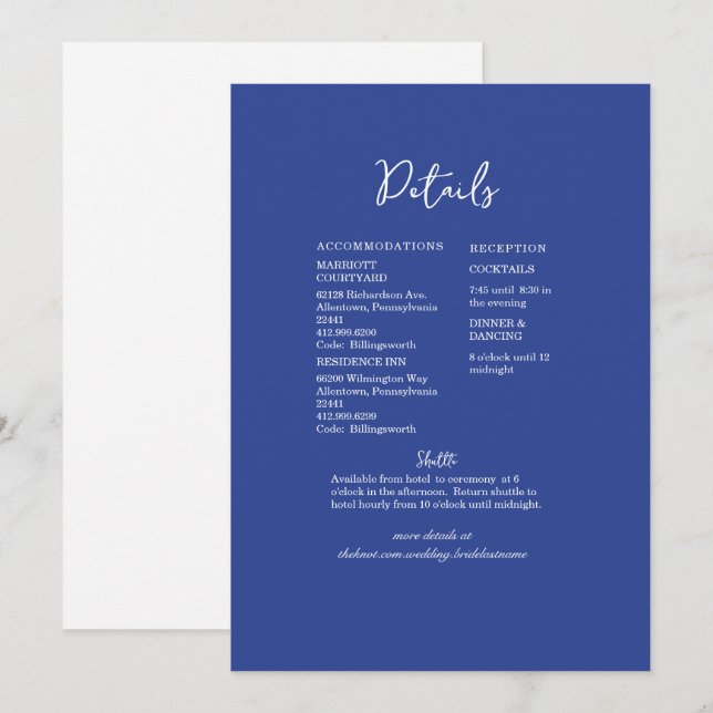 Invitation de détails du Mariage bleu (Devant / Derrière)