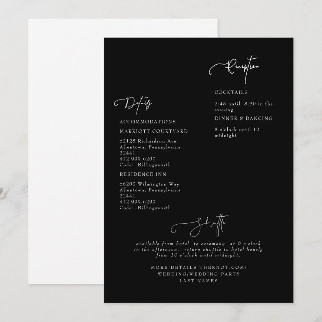 Invitation de détails du Mariage noir (Devant / Derrière)