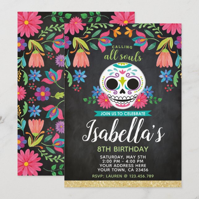 Invitation de Dia de los Muertos Birthday (Devant / Derrière)