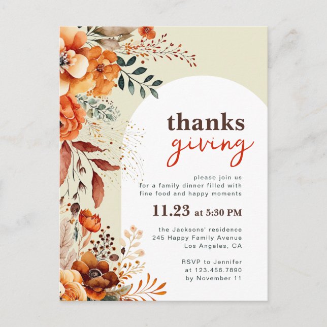 Invitation de dîner de Thanksgiving arche florale  (Devant)