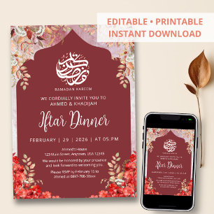 Invitation de dîner Iftar de Ramadan à fleurs roug