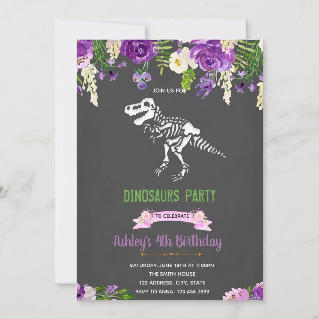 Invitation de dinosaures de fleurs violettes (Devant)