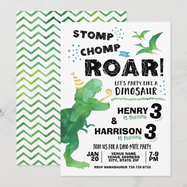 Invitation de dinosaures pour deux anniversaires (Devant / Derrière)