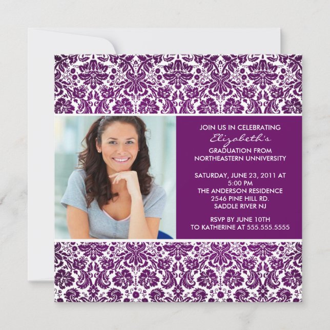 Invitation de diplôme avec photo de Damas violet (Devant)