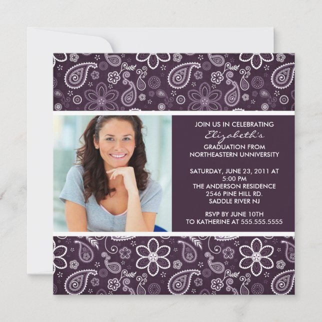 Invitation de diplôme avec photo Purple Paisley (Devant)