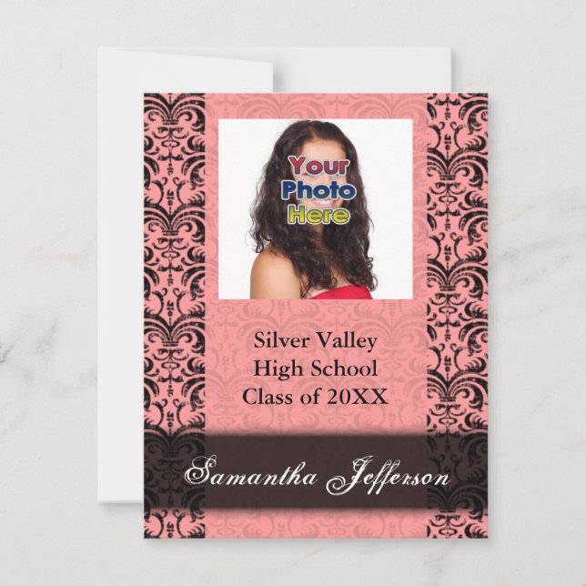 Invitation de diplôme, Damas rose et noir (Devant)