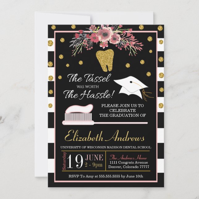 Invitation de diplôme de l'école dentaire - Floral (Devant)