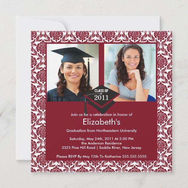 Invitation de diplôme de Maroon & White Damask (Devant)