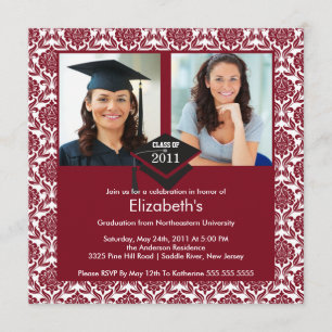 Invitation de diplôme de Maroon & White Damask