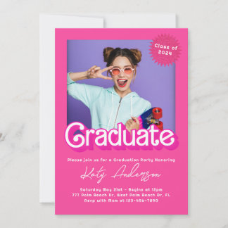 Invitation de diplôme de poupée rose Malibu Retro