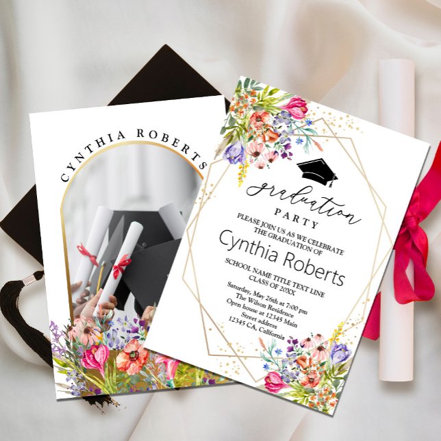 Invitation de diplôme de printemps Fleur sauvage é (watercolor flowers in shades of pink and purple, yellow in rustic garden greenery. #graduationparty )