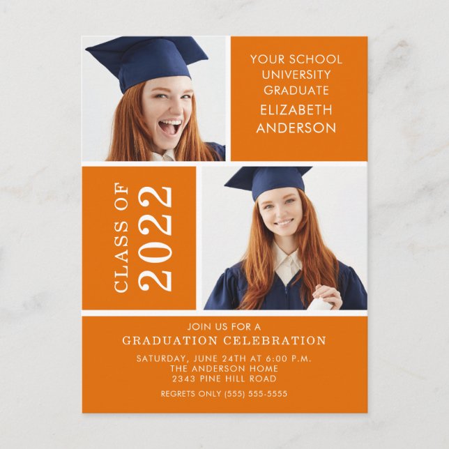Invitation de diplôme en photo ~Classy Orange & Wh (Devant)