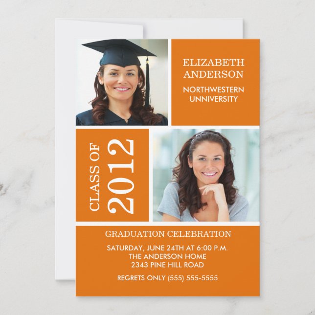 Invitation de diplôme en photo ~Classy Orange & Wh (Devant)