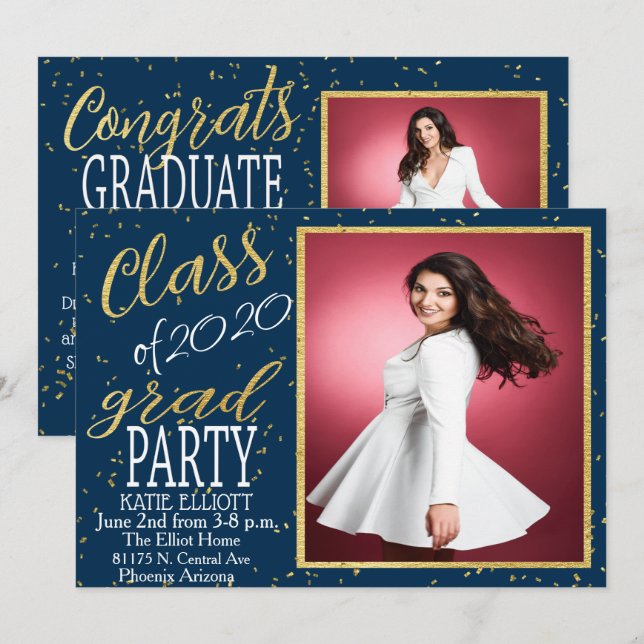 Invitation de diplôme Gold Foil Confetti (Devant / Derrière)