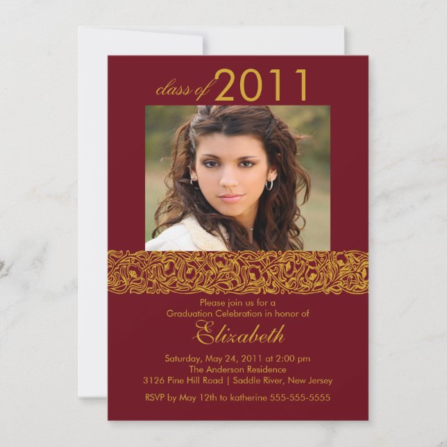 Invitation de diplôme Gold & Maroon Red Photo (Devant)