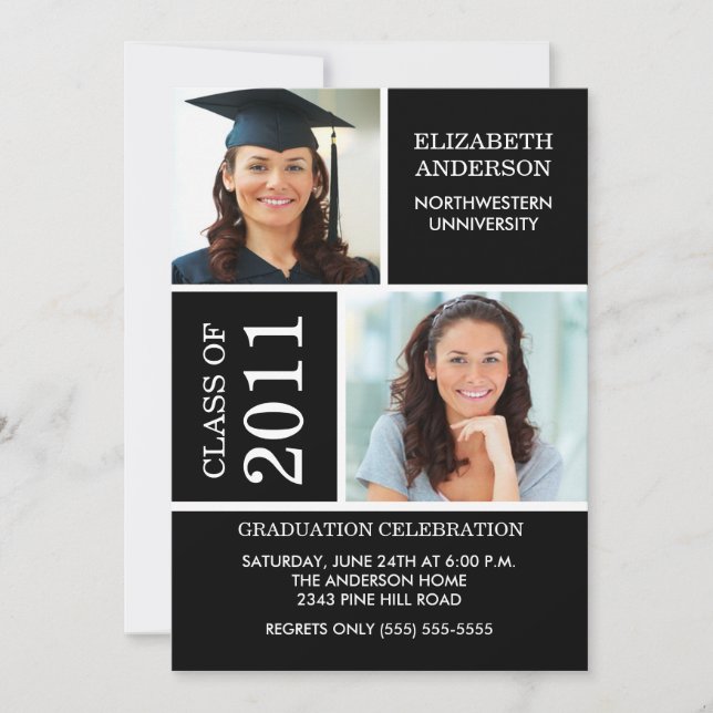 Invitation de diplôme photo ~Classy Black & White (Devant)