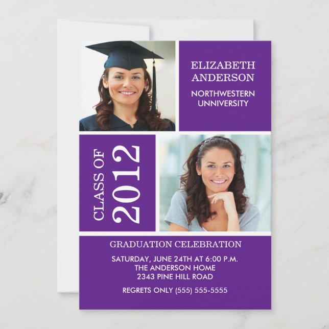 Invitation de diplôme photo ~Classy Purple & White (Devant)