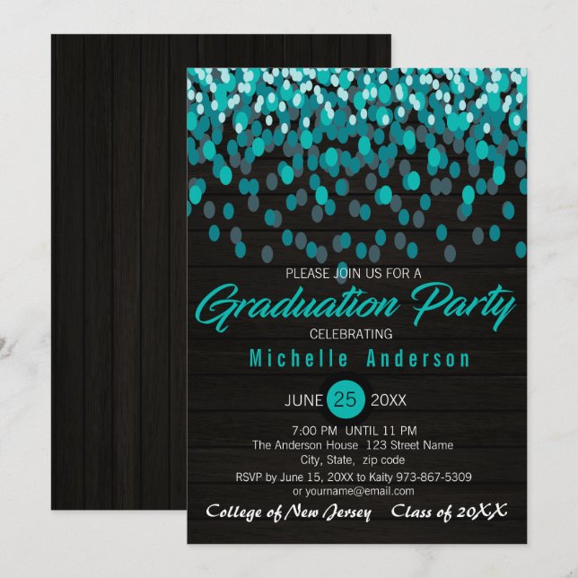 Invitation de diplôme Turquoise Colorée Confetti (Devant / Derrière)