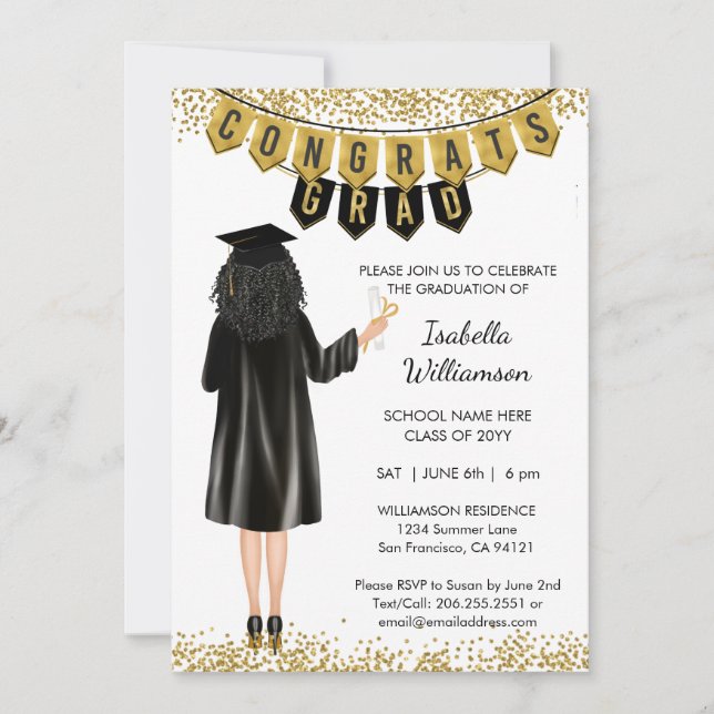 Invitation de diplôme unique Cheveux noirs (Devant)