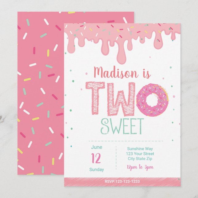 Invitation de Donut rose 2e anniversaire (Devant / Derrière)