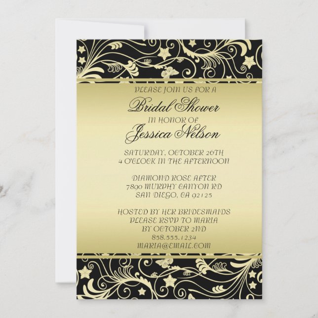 Invitation de douche Black Gold Floral de luxe (Devant)