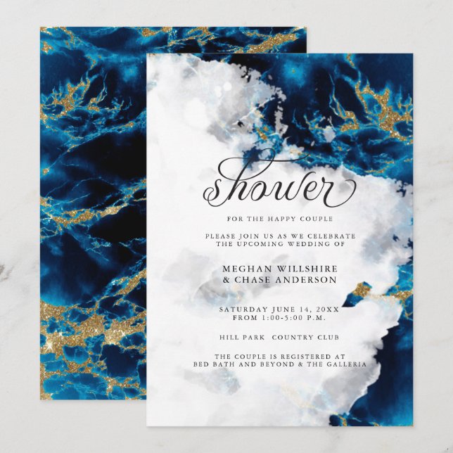 Invitation de douche | Blue Sapphire Watercolor Ge (Devant / Derrière)