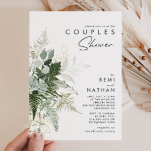 Invitation de douche Couples de feuilles d'or et v