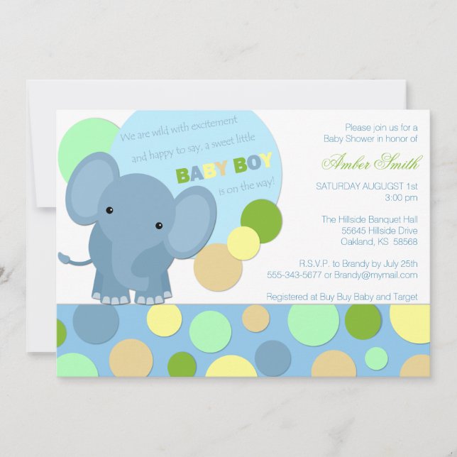 Invitation de douche d'éléphant de bébé (Devant)