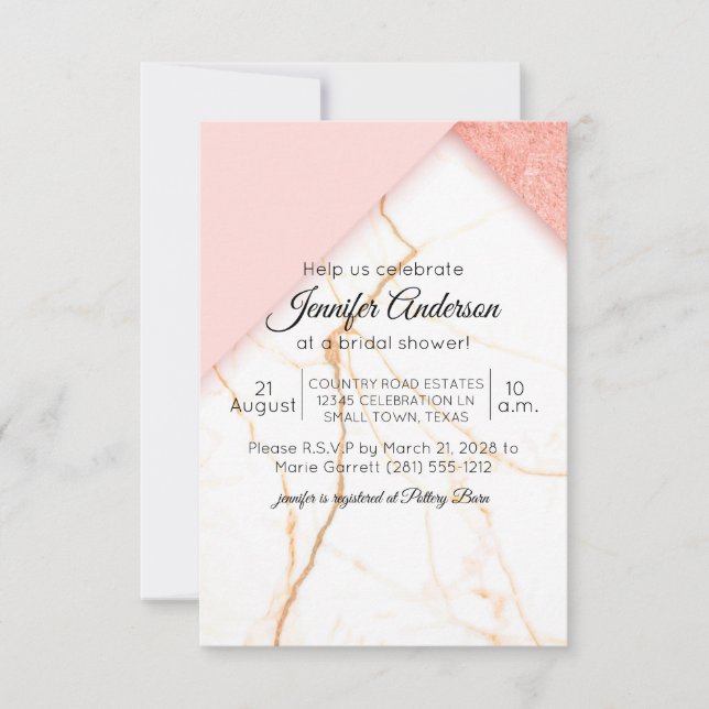 Invitation de douche moderne en marbre rose et or (Devant)