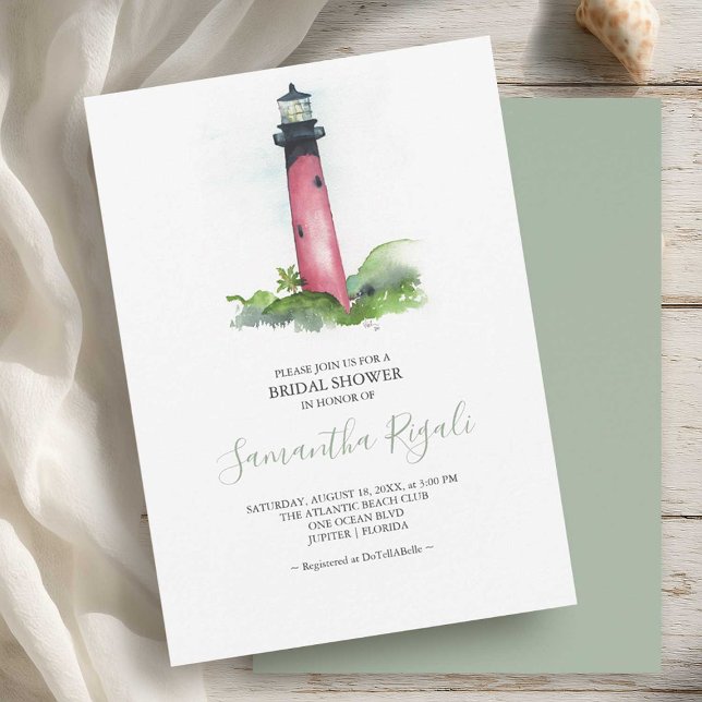 Invitation de douche nuptiale Aquarelle phare (coastal bridal shower invitations watercolor Jupiter lighthouse by small business Do Tell A Belle)