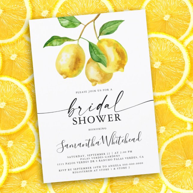 Invitation de douche nuptiale citron jaune aquarel (Lemon citrus watercolor bridal shower invitation. This card is perfect for the summer bride to be.)