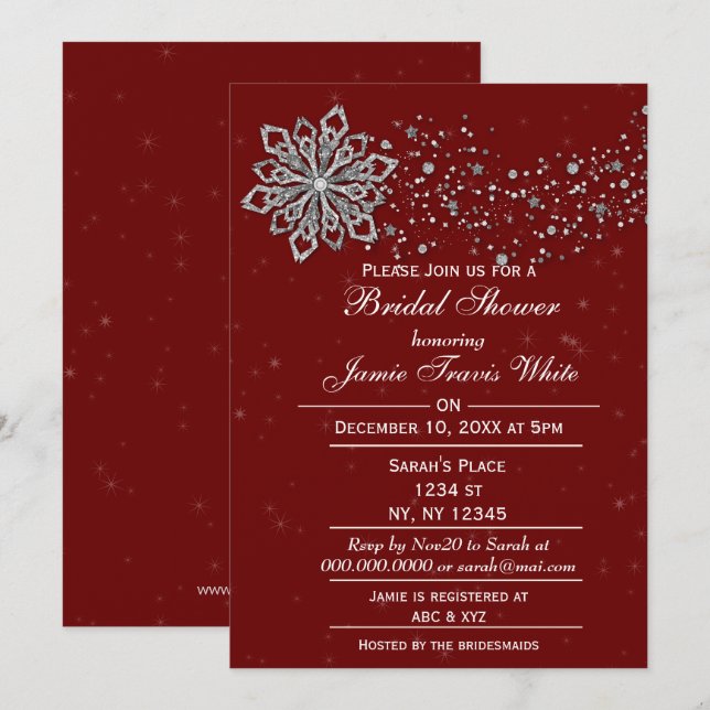 invitation de douche nuptiale d'hiver rouge et arg (Devant / Derrière)