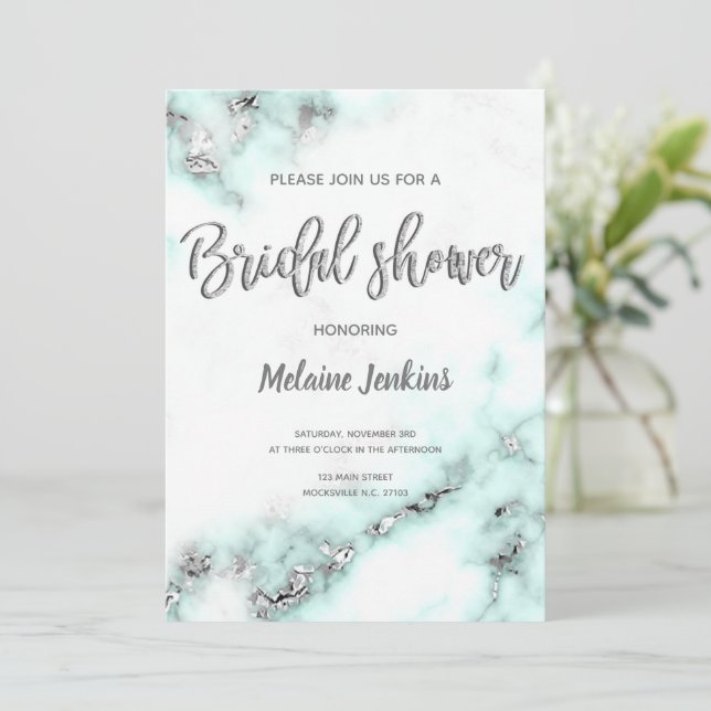 Invitation de douche nuptiale en marbre turquoise  (Debout devant)