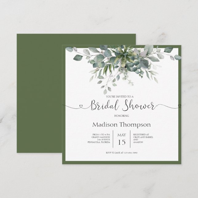 Invitation de douche nuptiale Eucalyptus Green (Devant / Derrière)