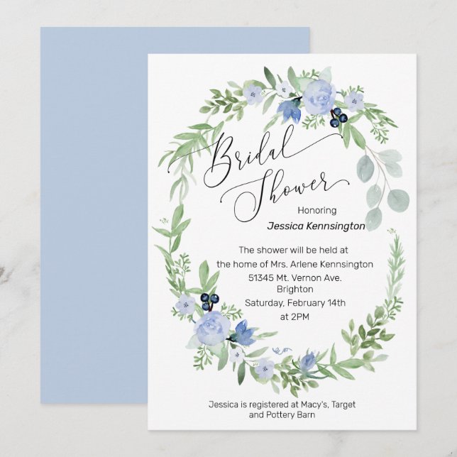 Invitation de douche nuptiale Fleurs bleues glacée (Devant / Derrière)