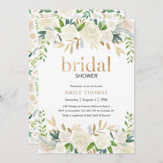 Invitation de douche nuptiale | Floral blanc et or (Devant / Derrière)