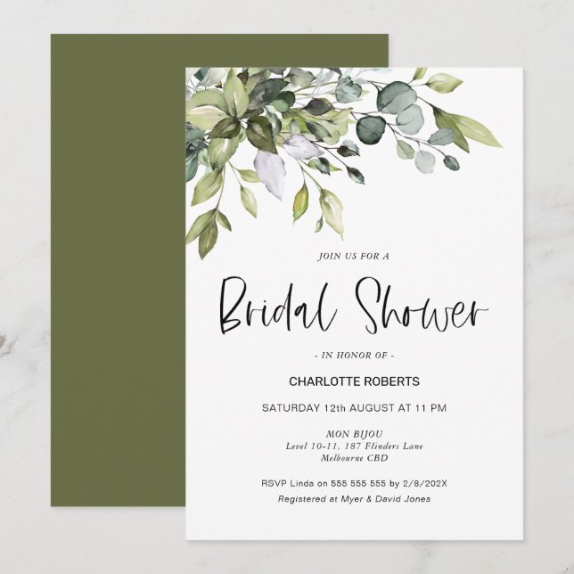 Invitation de douche nuptiale Foliage vert moderne (Devant / Derrière)
