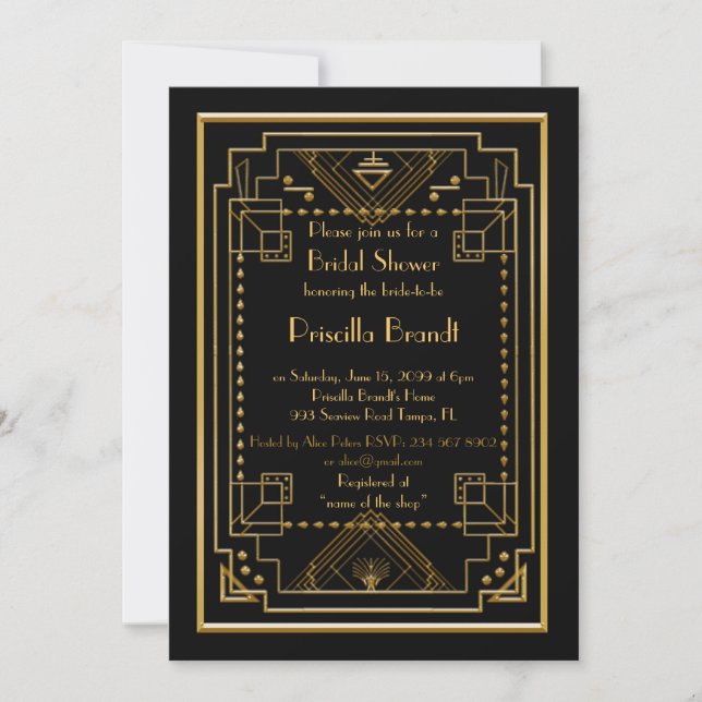 Invitation de douche nuptiale, grand Gatsby, noir, (Devant)
