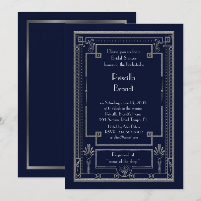 Invitation de douche nuptiale, grand Gatsby or arg (Devant / Derrière)