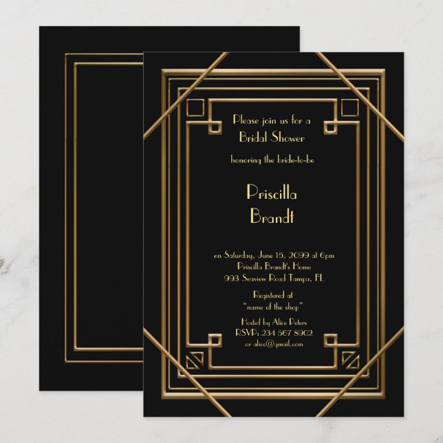 Invitation de douche nuptiale, grand Gatsby or noi (Devant / Derrière)