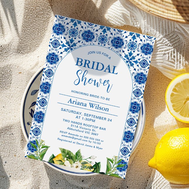 Invitation de douche nuptiale moderne en carrelage (Mediterranean Blue Tile Lemon Bridal Shower Invitation Template, Italian Positano Bridal Shower )