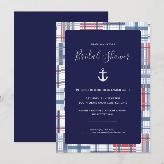 Invitation de douche nuptiale, Nautique, Preppy, M (Devant / Derrière)