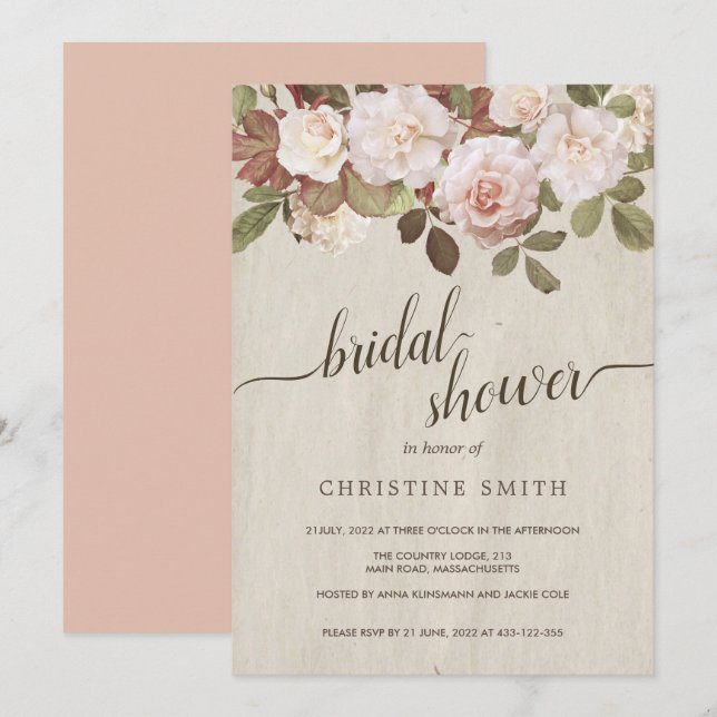 Invitation de douche nuptiale Rose vintage (Devant / Derrière)