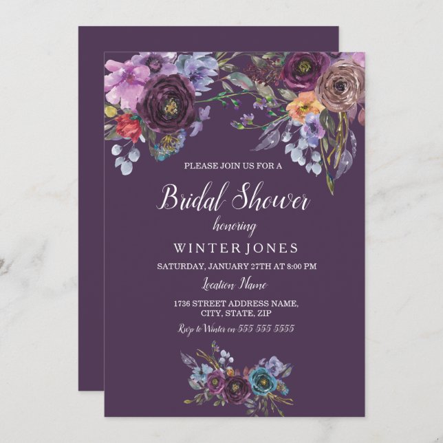 Invitation de douche nuptiale Turquoise violette (Devant / Derrière)