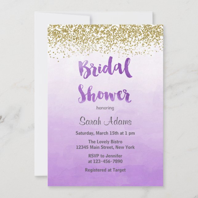 Invitation de douche nuptiale violet et or (Devant)