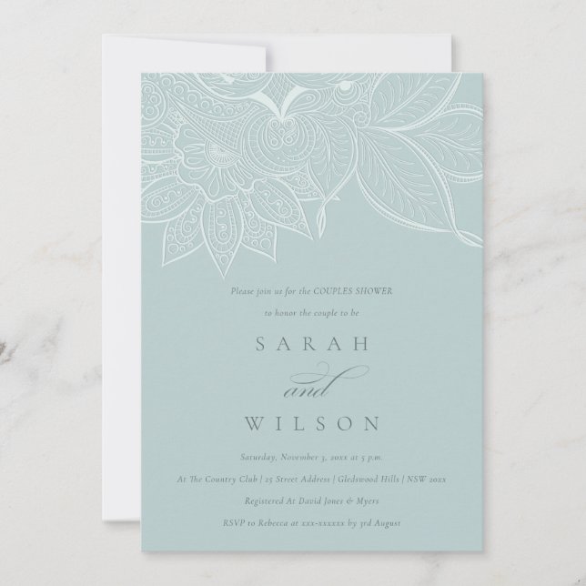 Invitation de douche Ornate Paisley Dusky Blue Cou (Devant)