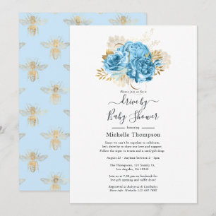 Invitation de douche Pastel Bleu et Or Floral Driv